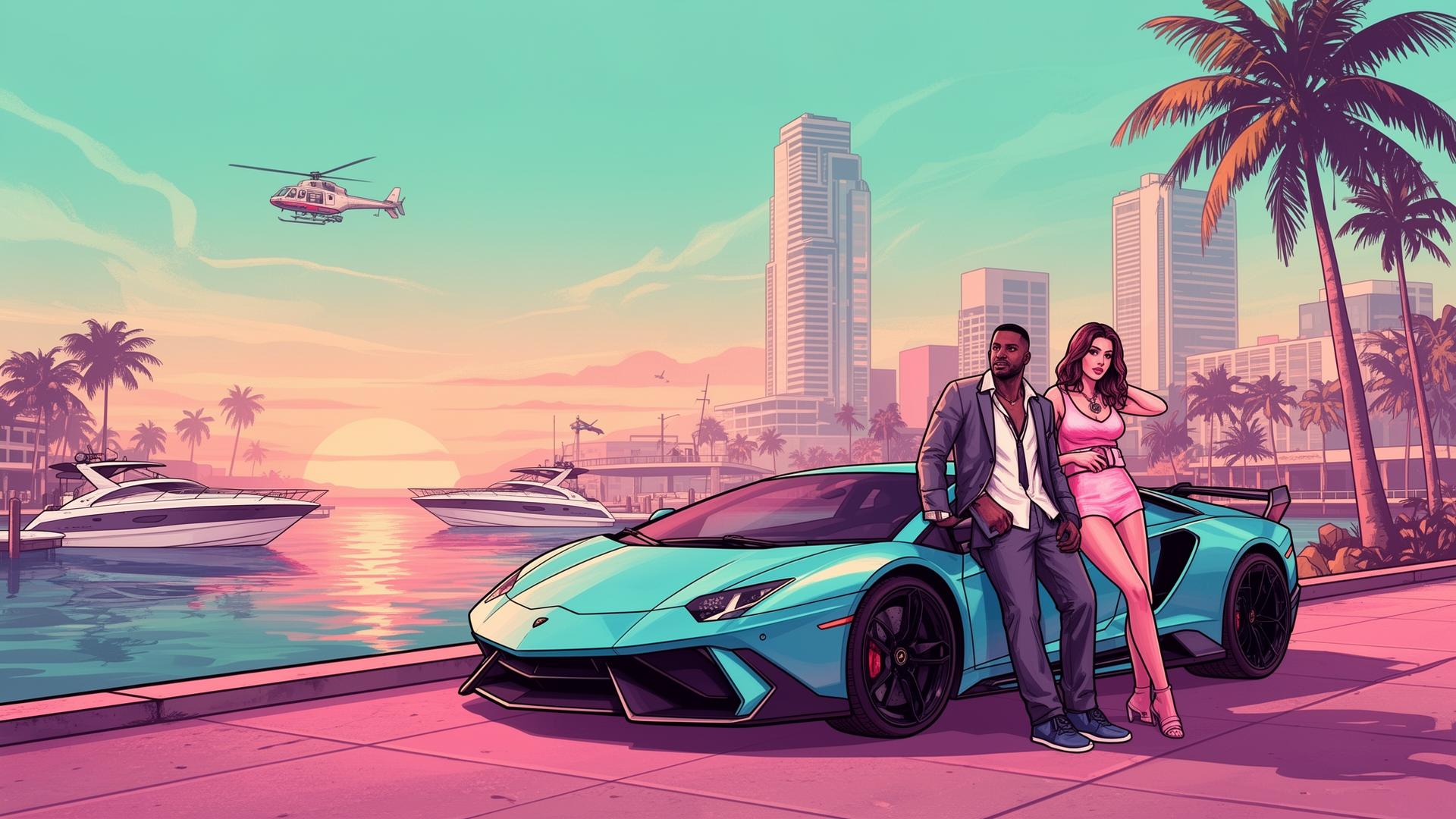 Vice City inspired cinematic skyline with supercar and marina